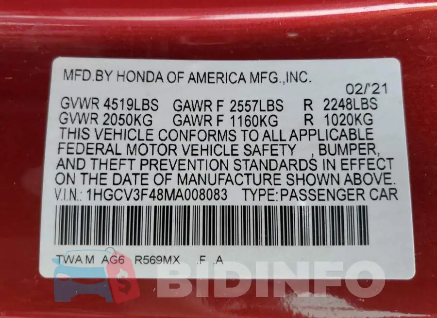 1HGCV3F48MA008083 Photo# 12