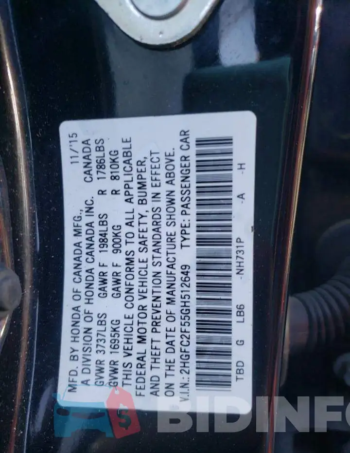 2HGFC2F55GH512649 Photo# 12