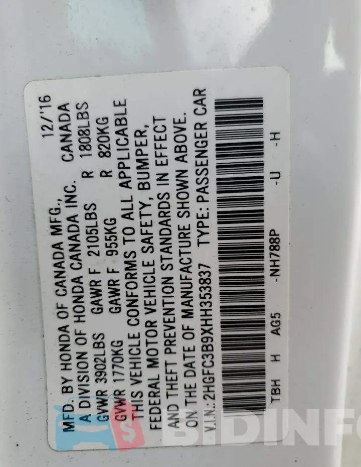 2HGFC3B9XHH353837 Photo# 12
