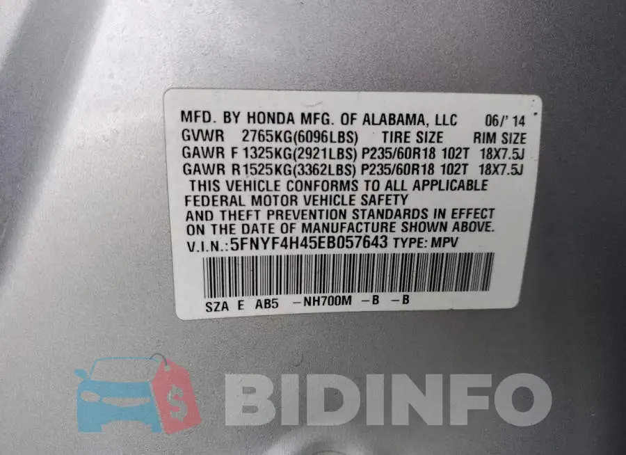 5FNYF4H45EB057643 Photo# 13