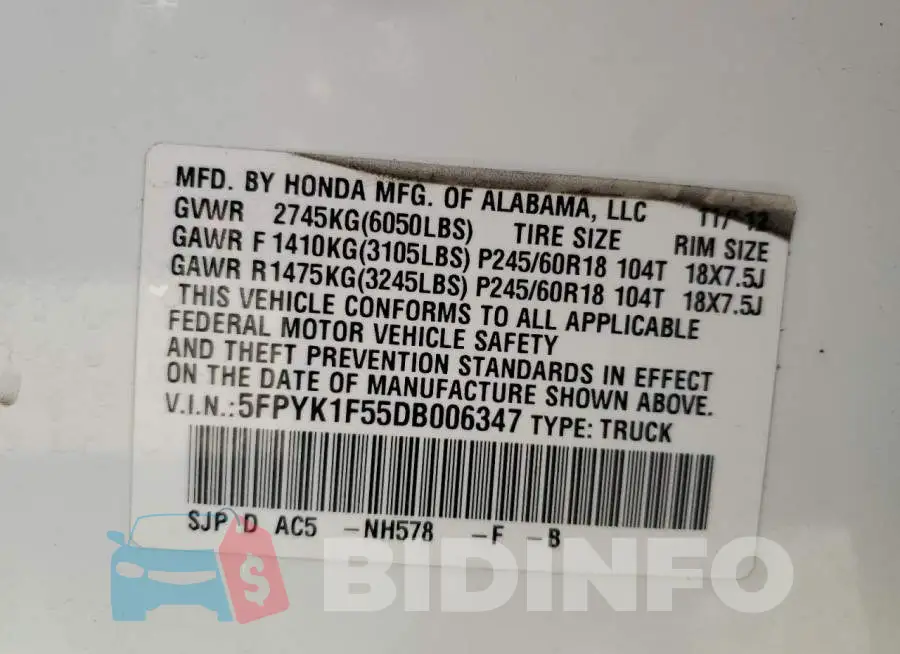 5FPYK1F55DB006347 Photo# 10