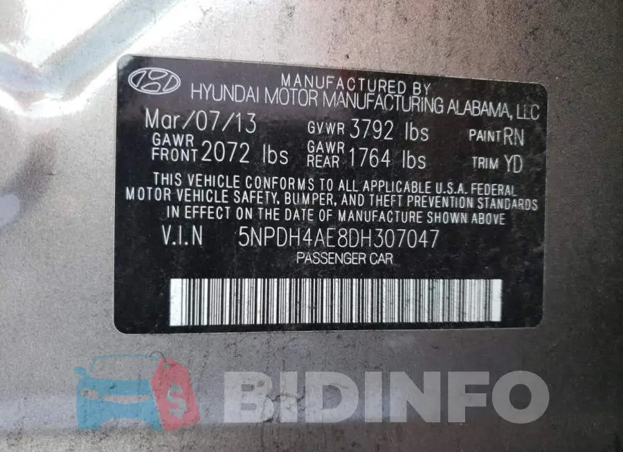 5NPDH4AE8DH307047 Photo# 12