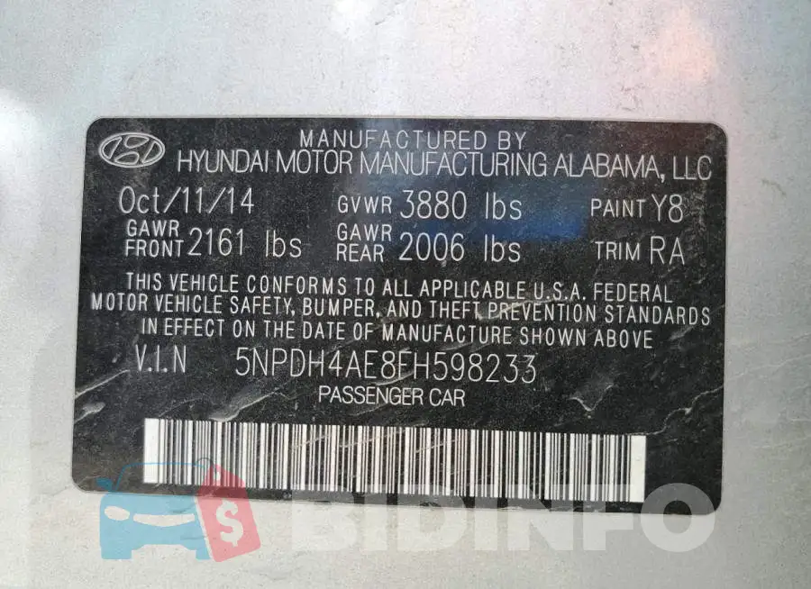 5NPDH4AE8FH598233 Photo# 10