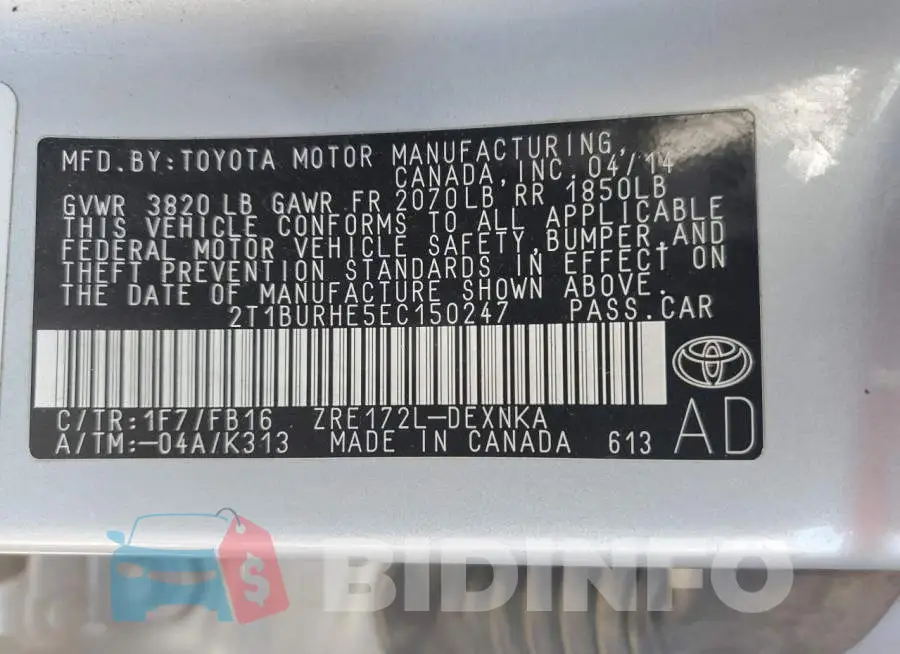 2T1BURHE5EC150247 Photo# 13