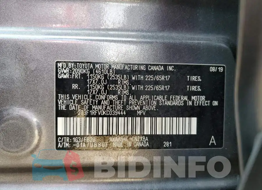 2T3F1RFV0KC039444 Photo# 10