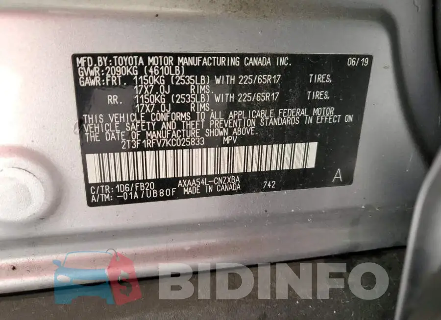 2T3F1RFV7KC025833 Photo# 14