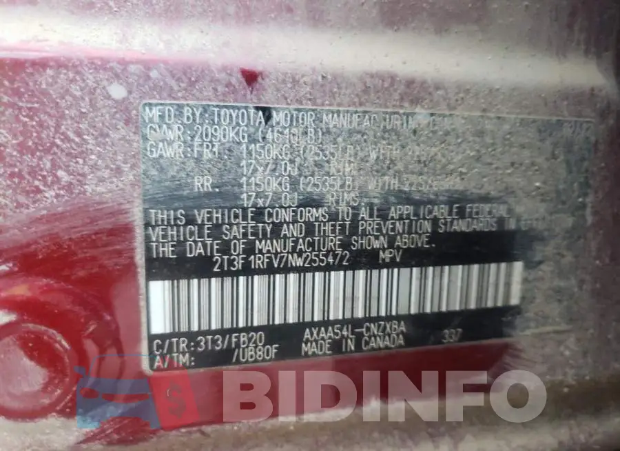 2T3F1RFV7NW255472 Photo# 10