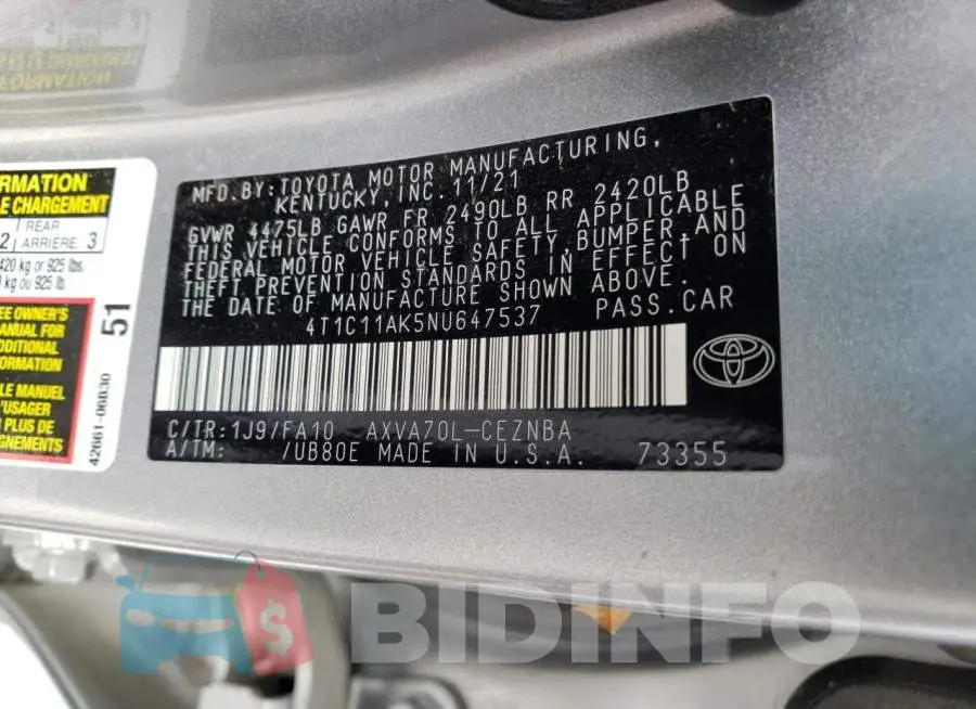 4T1C11AK5NU647537 Photo# 12