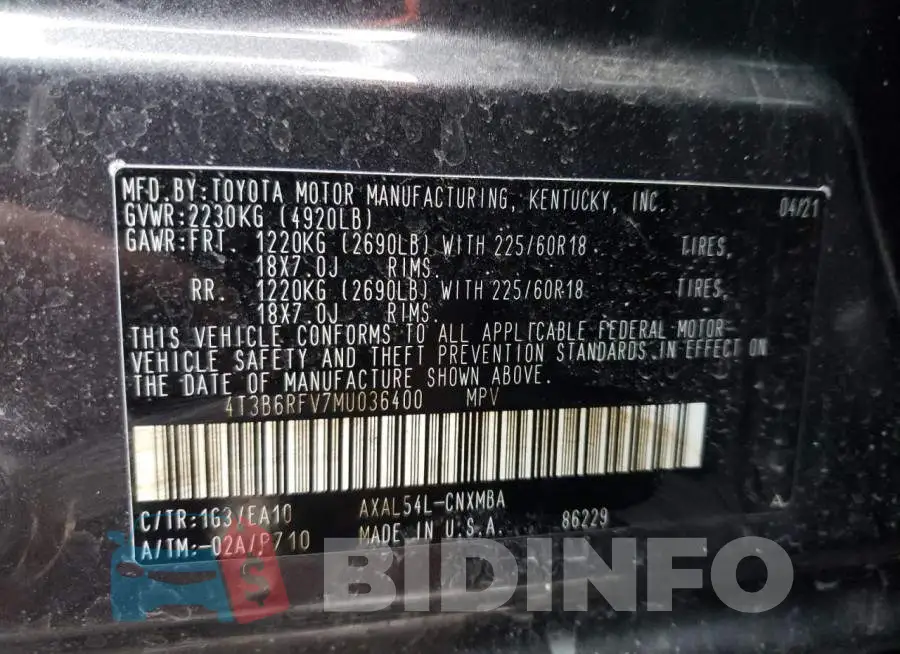 4T3B6RFV7MU036400 Photo# 14