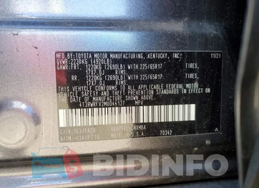 4T3RWRFV2MU044127 Photo# 10