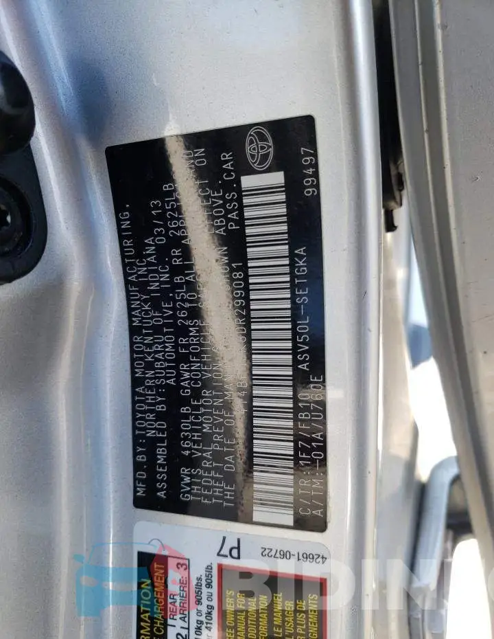 4T4BF1FK8DR299081 Photo# 12