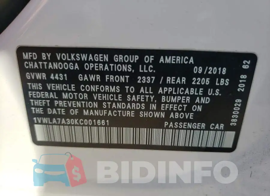 1VWLA7A30KC001661 Photo# 10