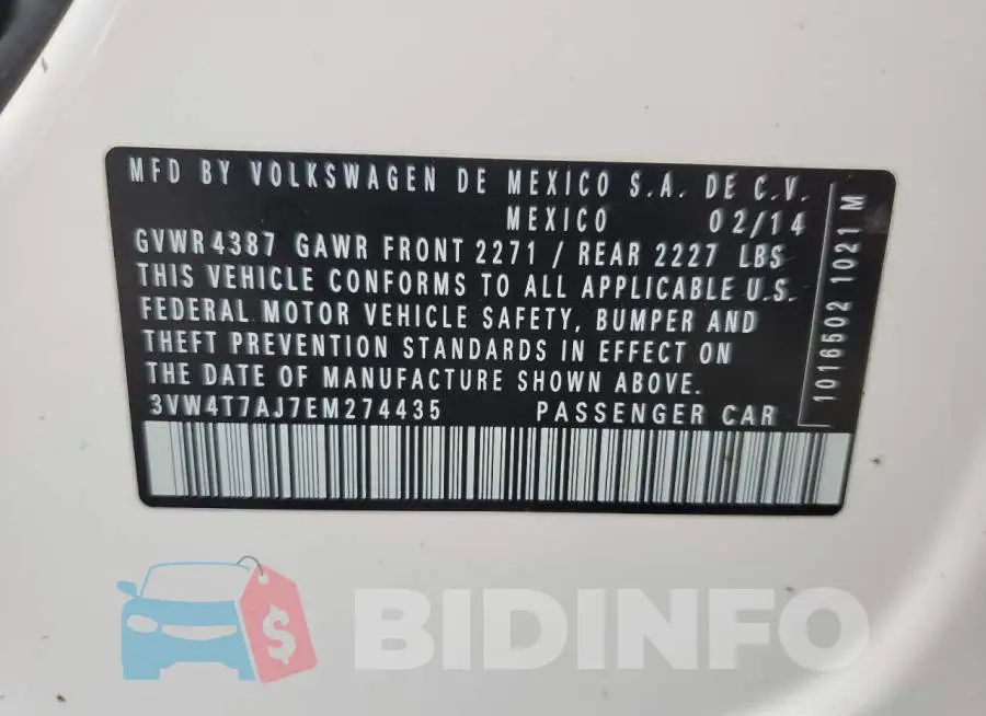 3VW4T7AJ7EM274435 Photo# 13
