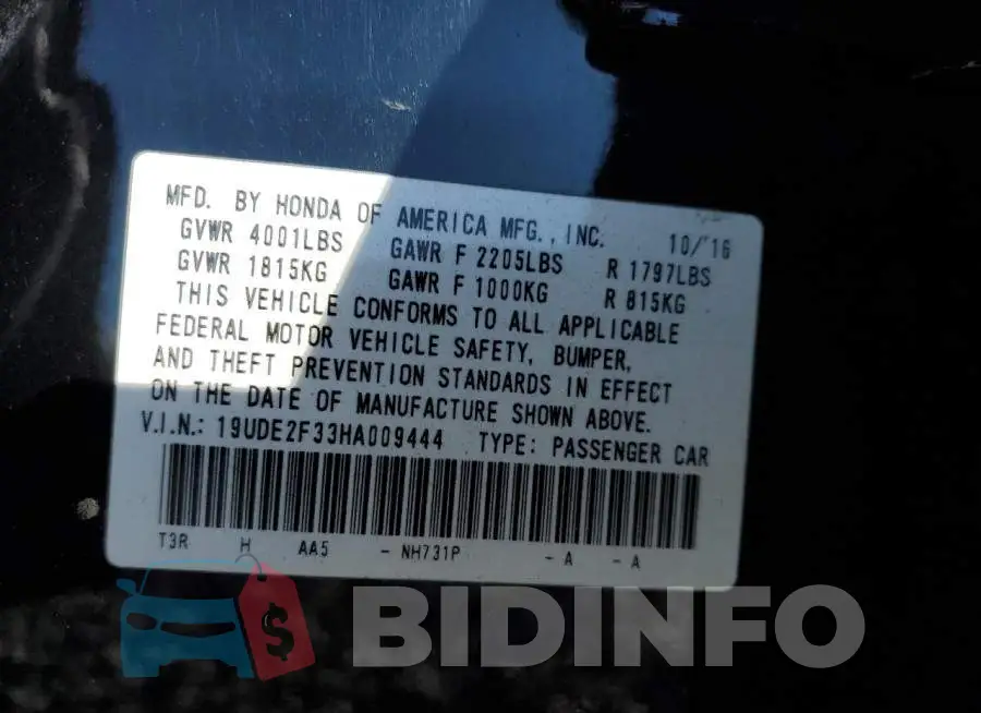 19UDE2F33HA009444 Photo# 12