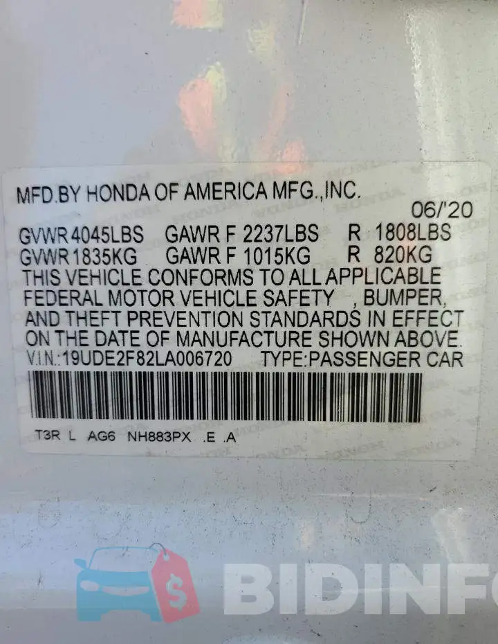 19UDE2F82LA006720 Photo# 10