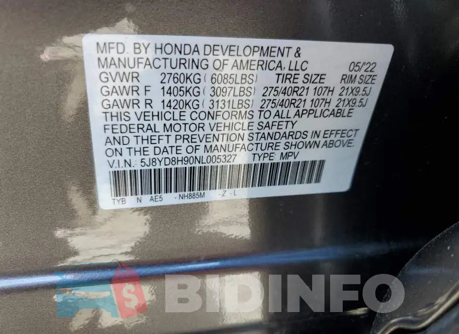 5J8YD8H90NL005327 Photo# 12