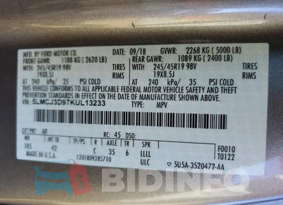 5LMCJ3D97KUL13233 Photo# 13