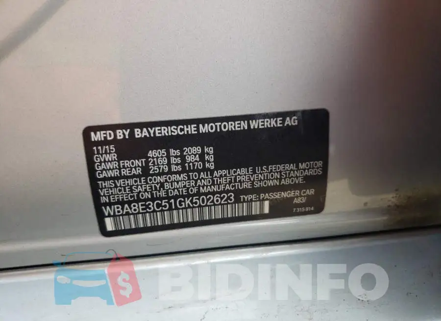 WBA8E3C51GK502623 Photo# 10