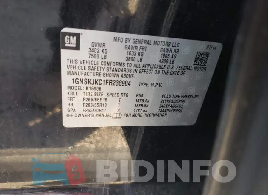 1GNSKJKC1FR238984 Photo# 12