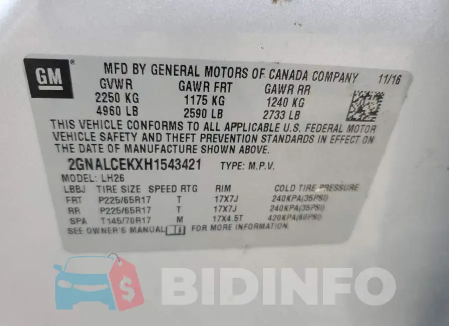 2GNALCEKXH1543421 Photo# 12