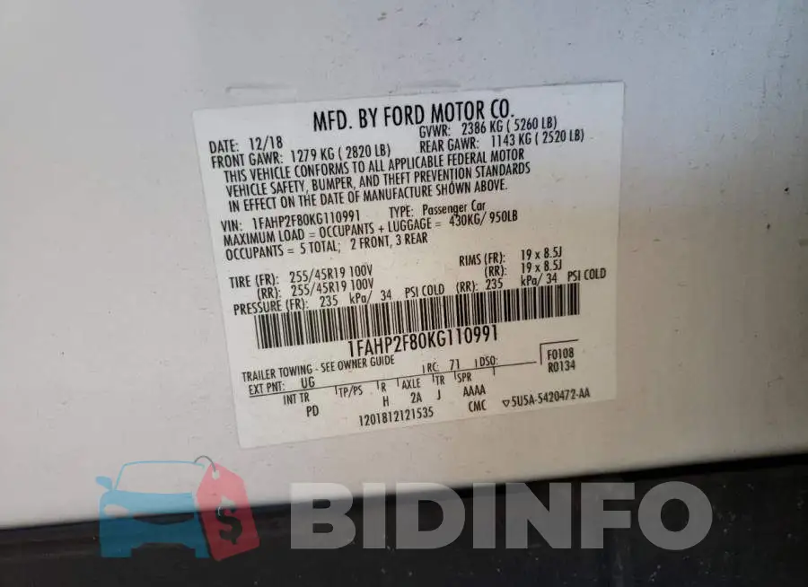 1FAHP2F80KG110991 Photo# 10