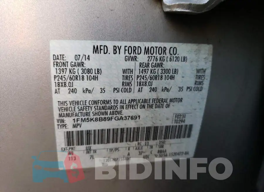1FM5K8B89FGA37691 Photo# 12