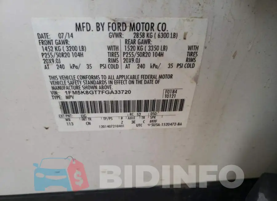 1FM5K8GT7FGA33720 Photo# 13