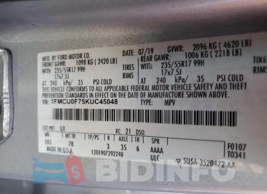 1FMCU0F75KUC45048 Photo# 10