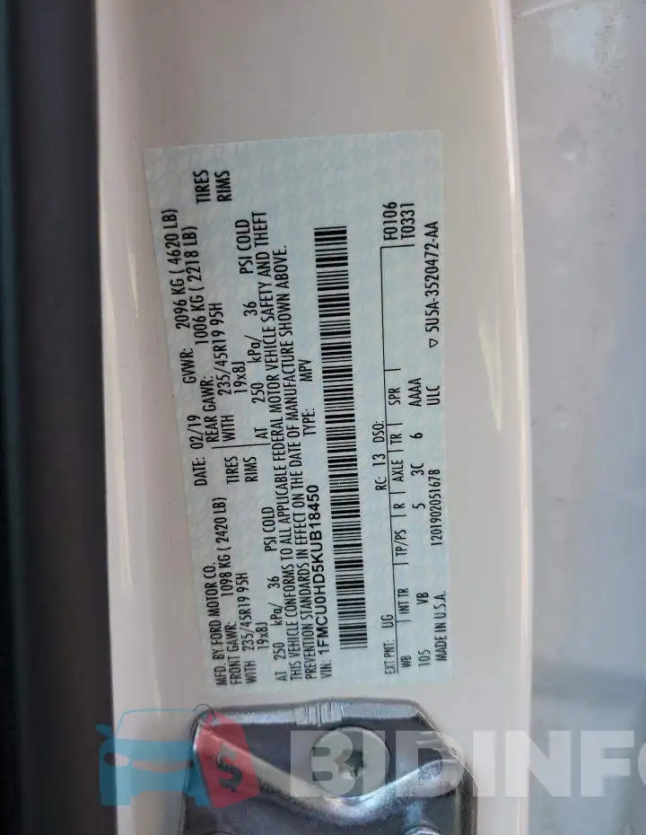 1FMCU0HD5KUB18450 Photo# 10