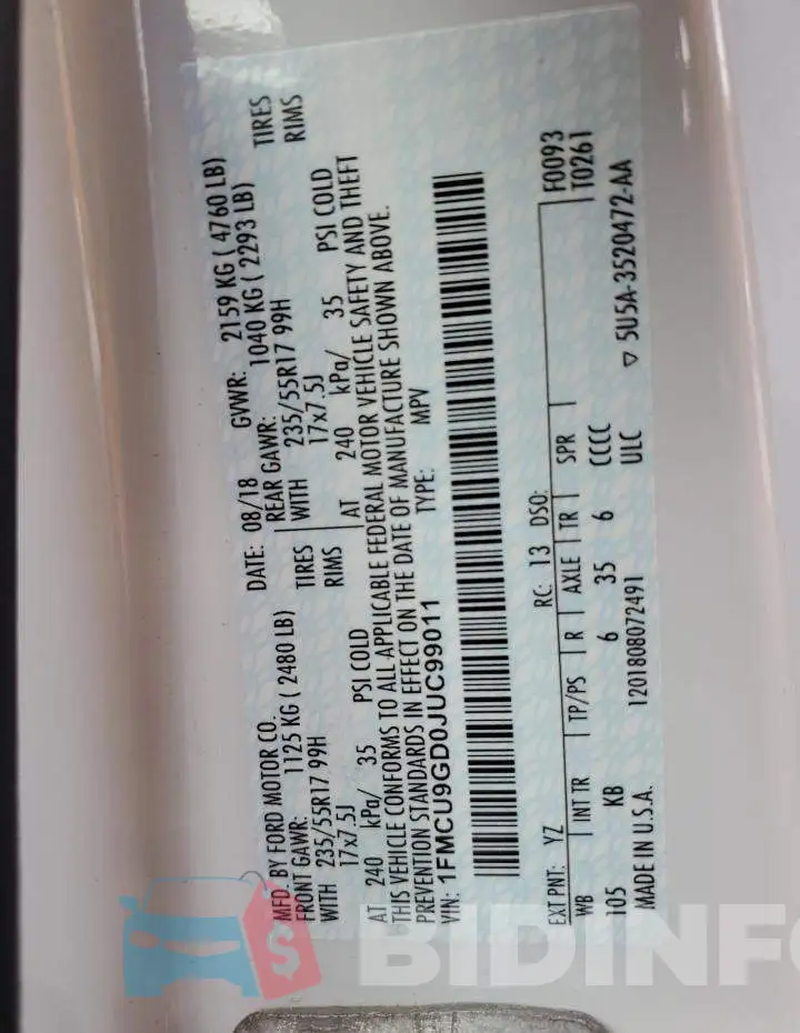 1FMCU9GD0JUC99011 Photo# 10