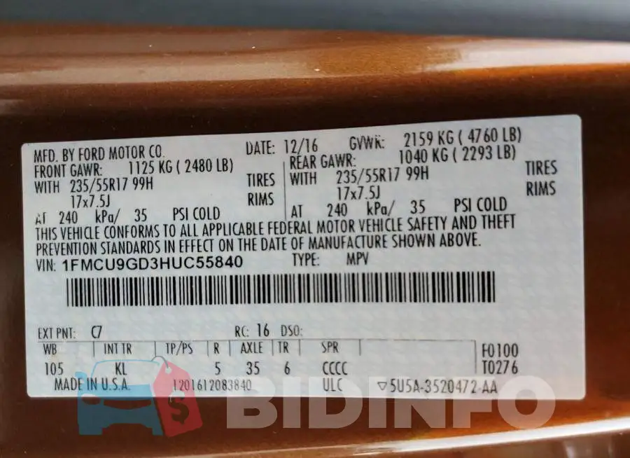 1FMCU9GD3HUC55840 Photo# 12