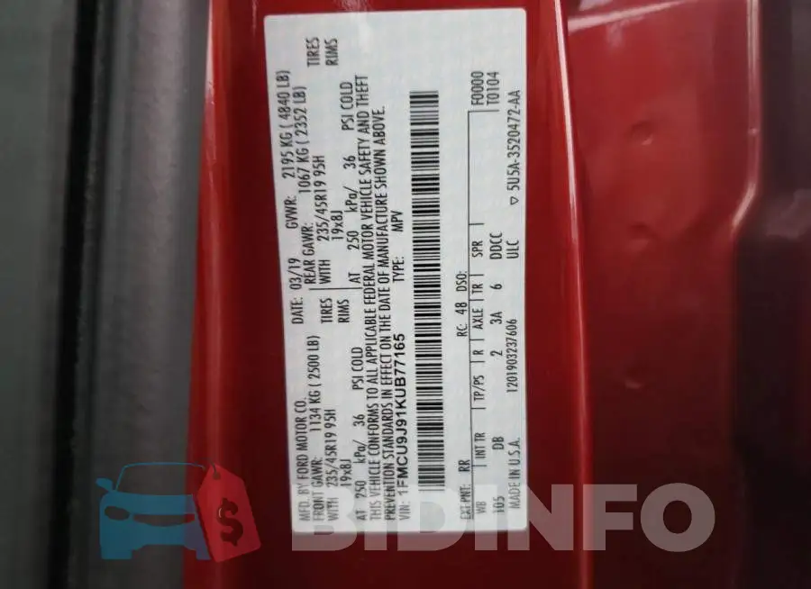 1FMCU9J91KUB77165 Photo# 12