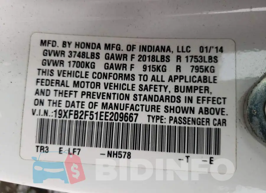 19XFB2F51EE209667 Photo# 10