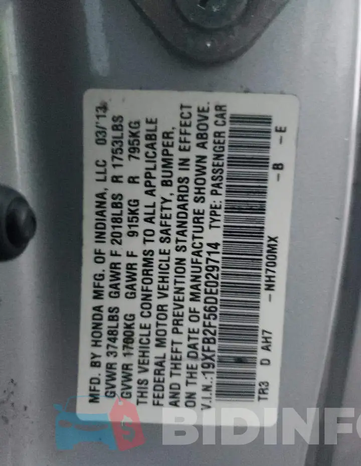 19XFB2F56DE029714 Photo# 12