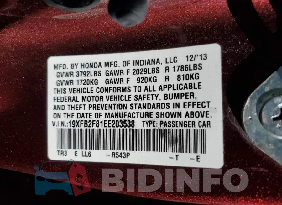 19XFB2F81EE203538 Photo# 13
