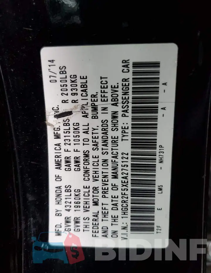 1HGCR2F5XEA275122 Photo# 12