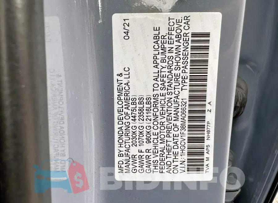 1HGCV1F38MA066321 Photo# 10