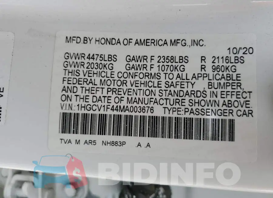 1HGCV1F44MA003676 Photo# 12