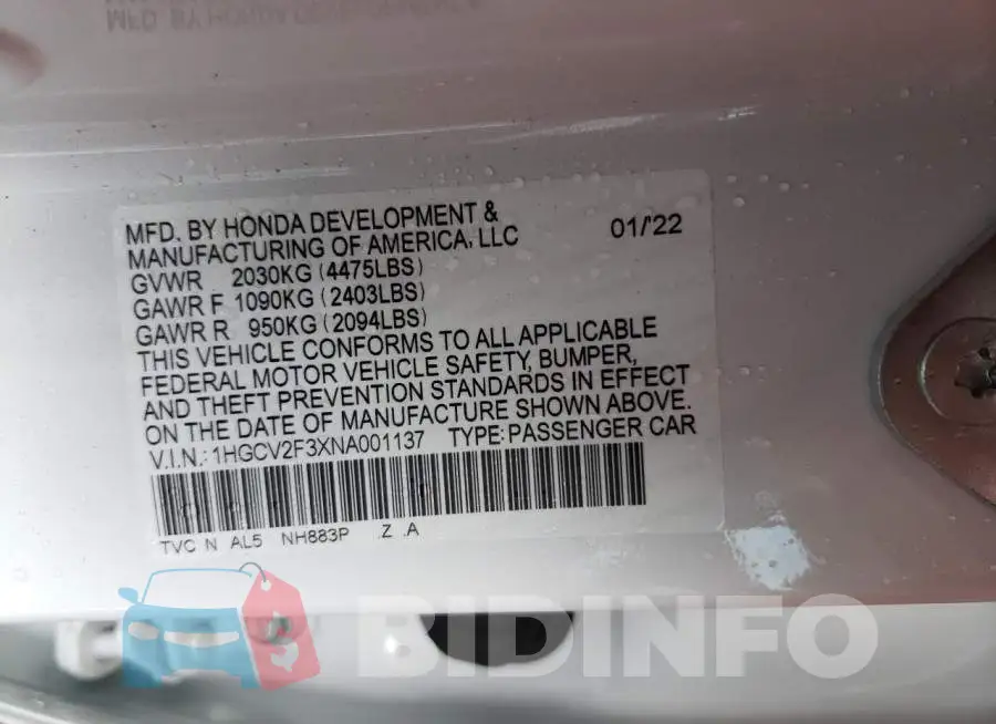 1HGCV2F3XNA001137 Photo# 12