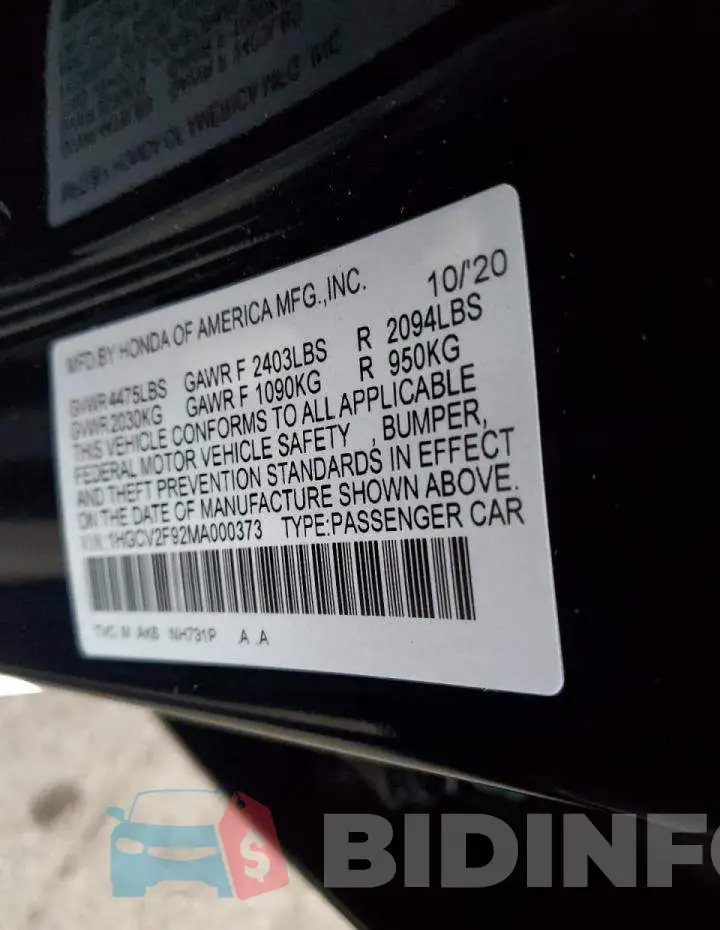 1HGCV2F92MA000373 Photo# 10
