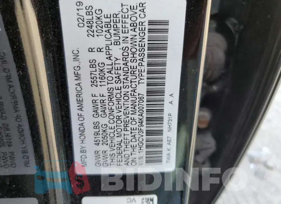 1HGCV3F94KA007067 Photo# 10