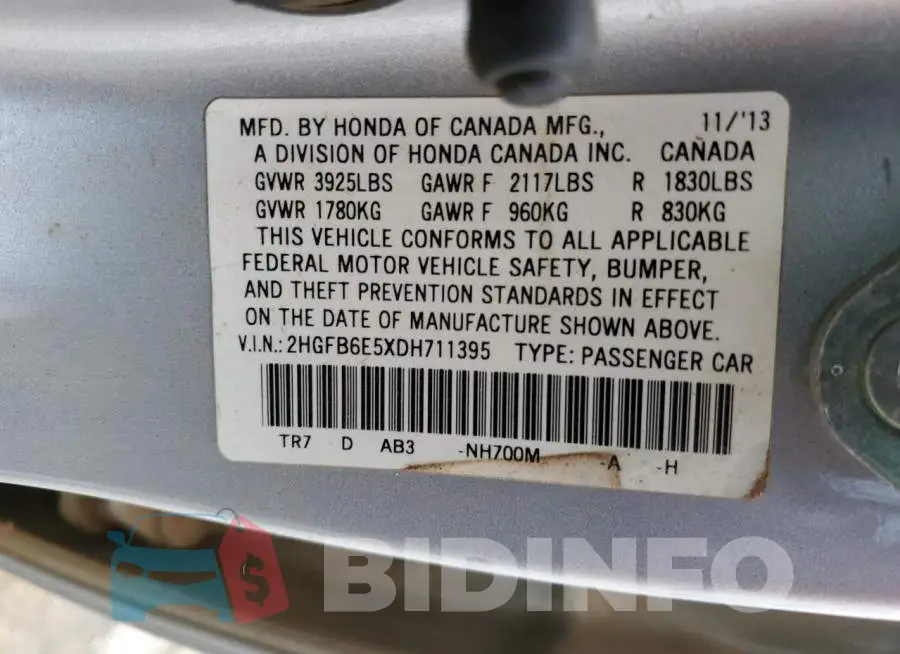 2HGFB6E5XDH711395 Photo# 13
