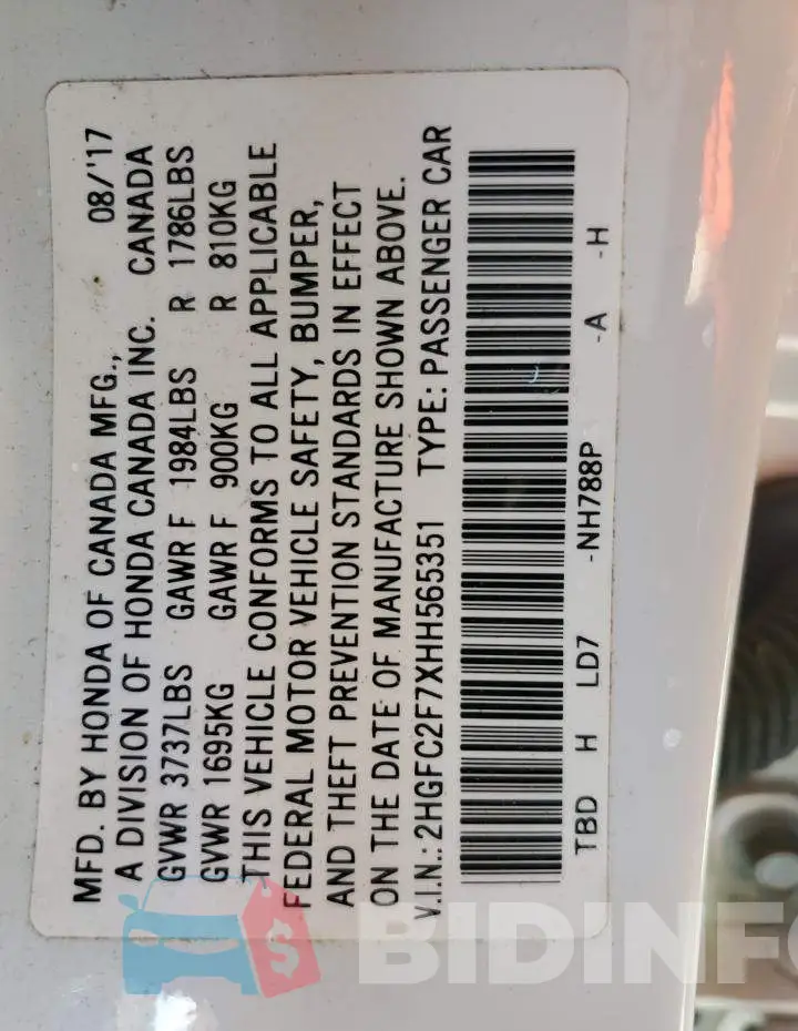 2HGFC2F7XHH565351 Photo# 12