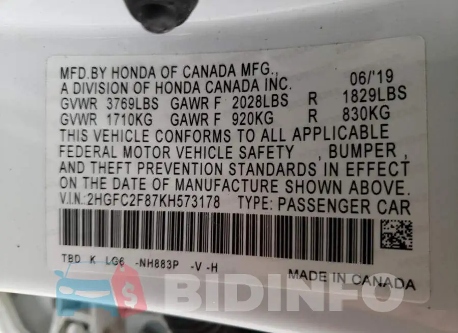 2HGFC2F87KH573178 Photo# 10