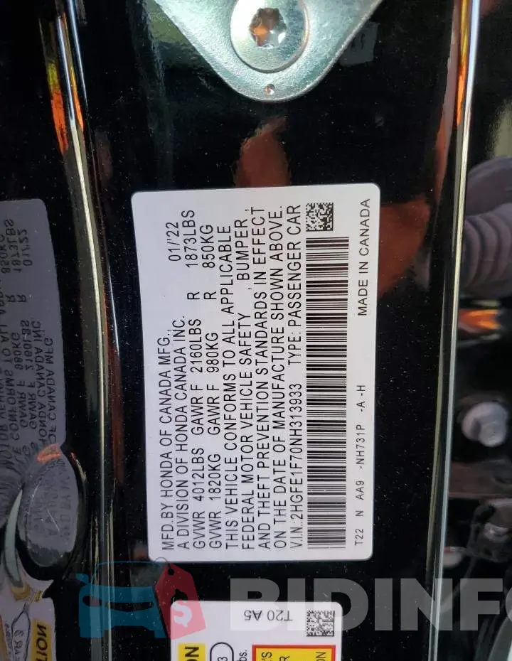 2HGFE1F70NH313933 Photo# 10