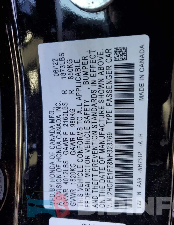 2HGFE1F78NH323769 Photo# 12