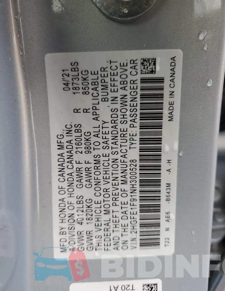 2HGFE1F91NH300528 Photo# 10