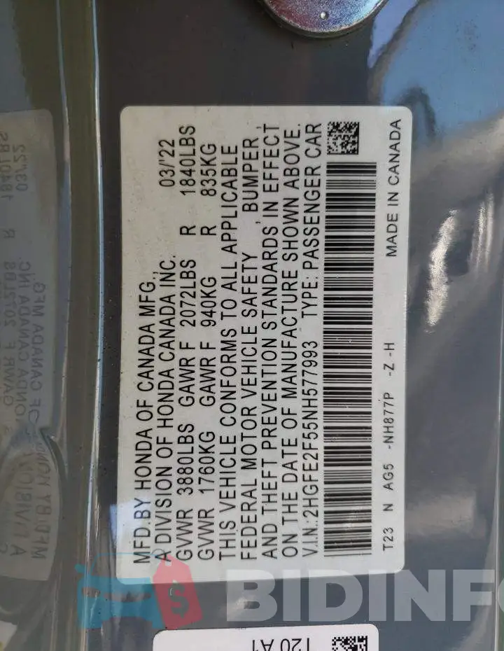 2HGFE2F55NH577993 Photo# 10