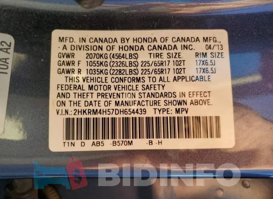 2HKRM4H57DH654439 Photo# 13