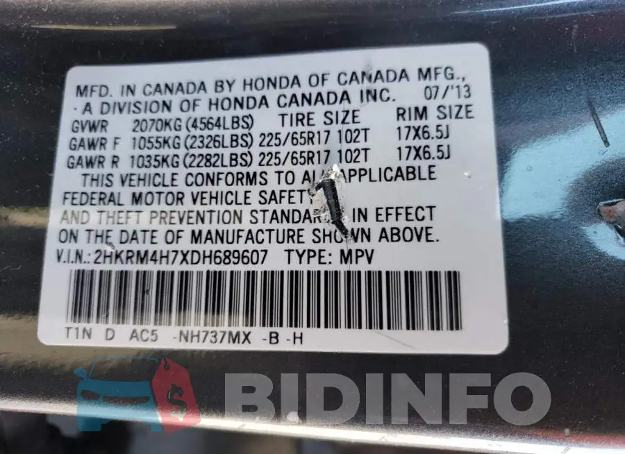 2HKRM4H7XDH689607 Photo# 12